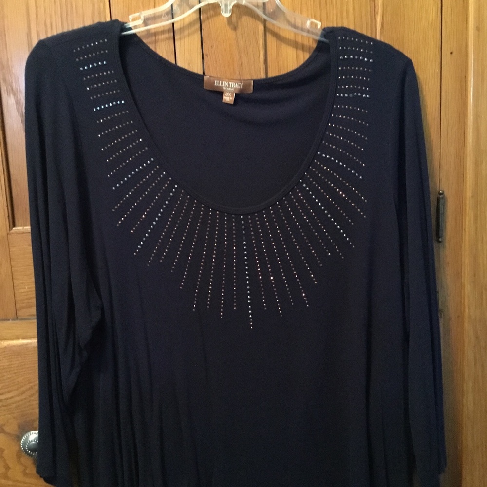 Ellen Tracy Navy Knit Top with Metallic Studding in Copper & Pewter- Ray Design